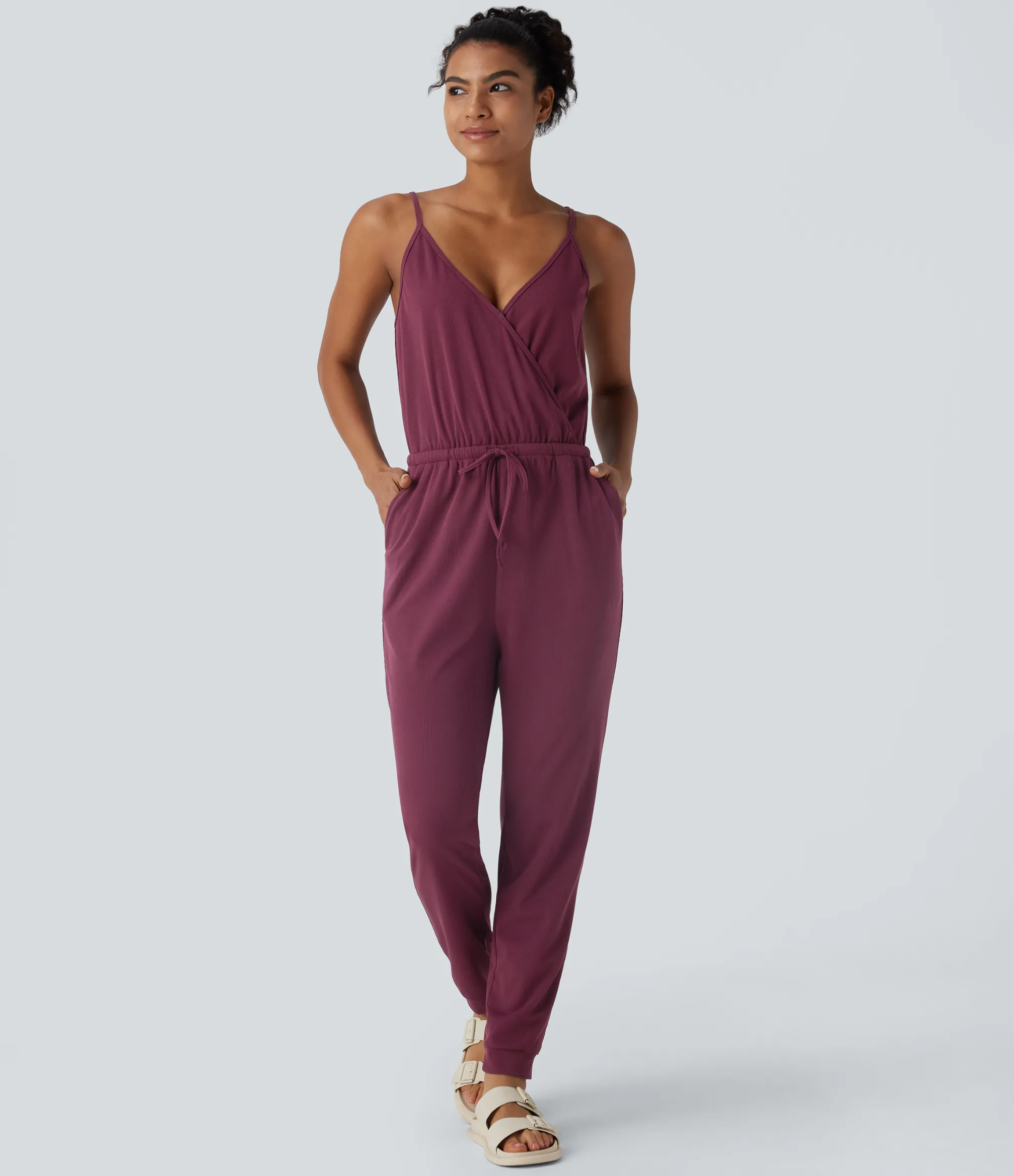 Jumpsuits<HALARA Crossover V Neck Drawstring Pocket Waffle Casual Jumpsuit