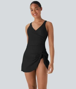 Beachwear<HALARA Crossover V Neck Ruched Asymmetric Tie Hem 2-in-1 Tummy Control One Piece Swimsuit