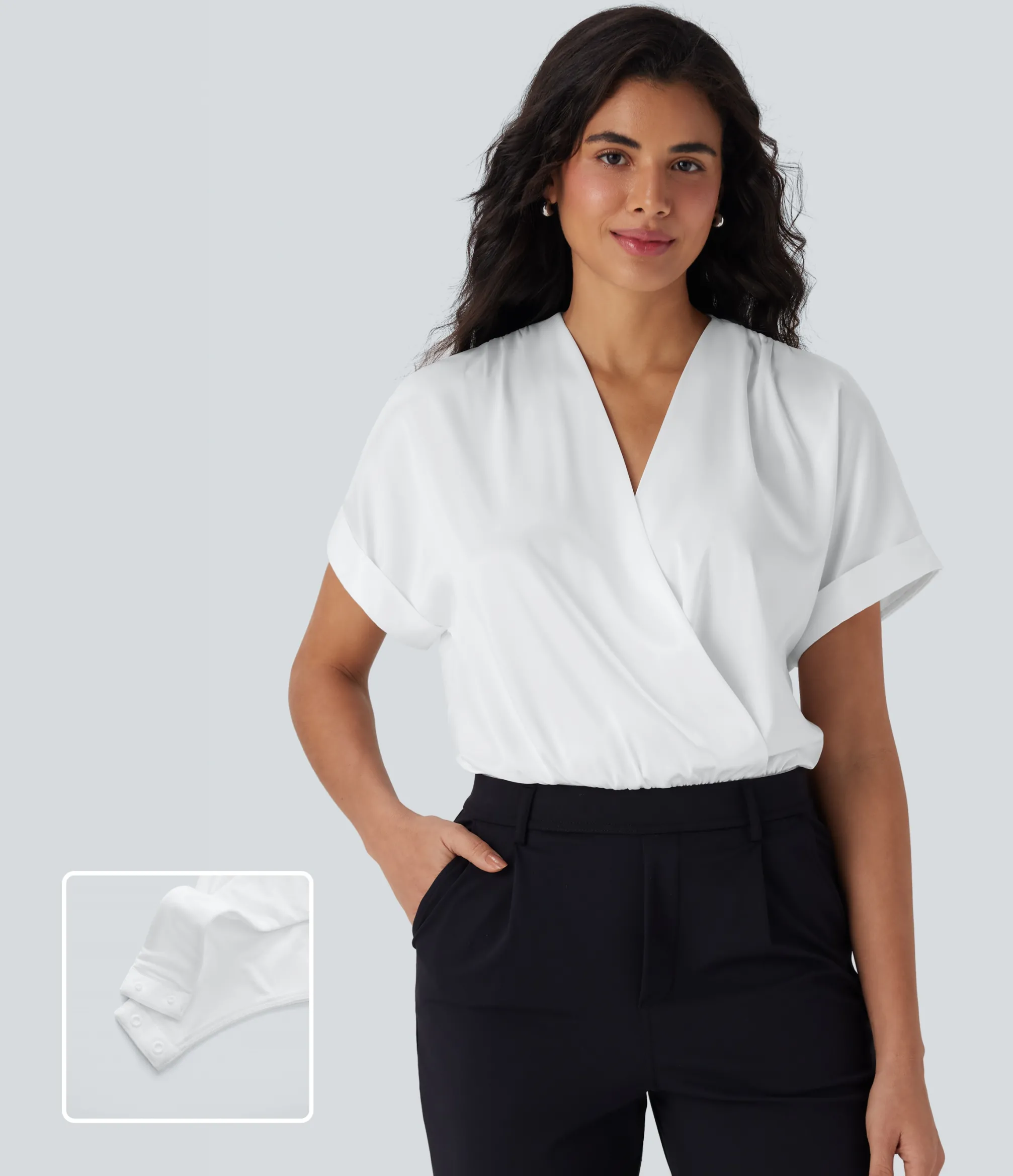 Bodysuits<HALARA Crossover V-Neck Batwing-Sleeve Snap Satin Work Bodysuit