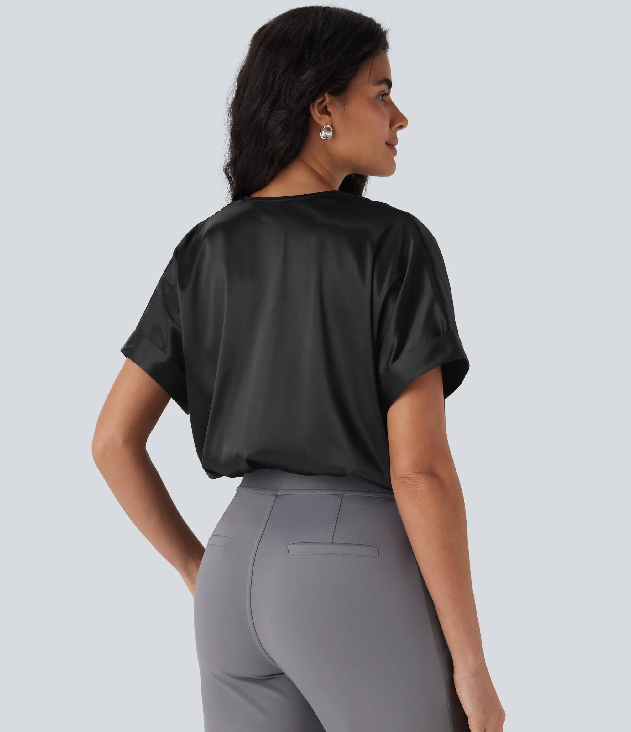 Bodysuits<HALARA Crossover V-Neck Batwing-Sleeve Snap Satin Work Bodysuit