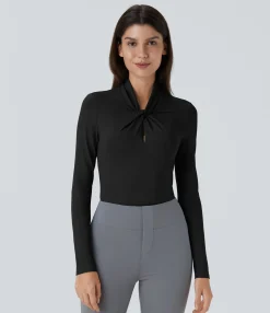 Work Tops<HALARA Cut Out Neck Long Sleeve Curved Hem Work Top