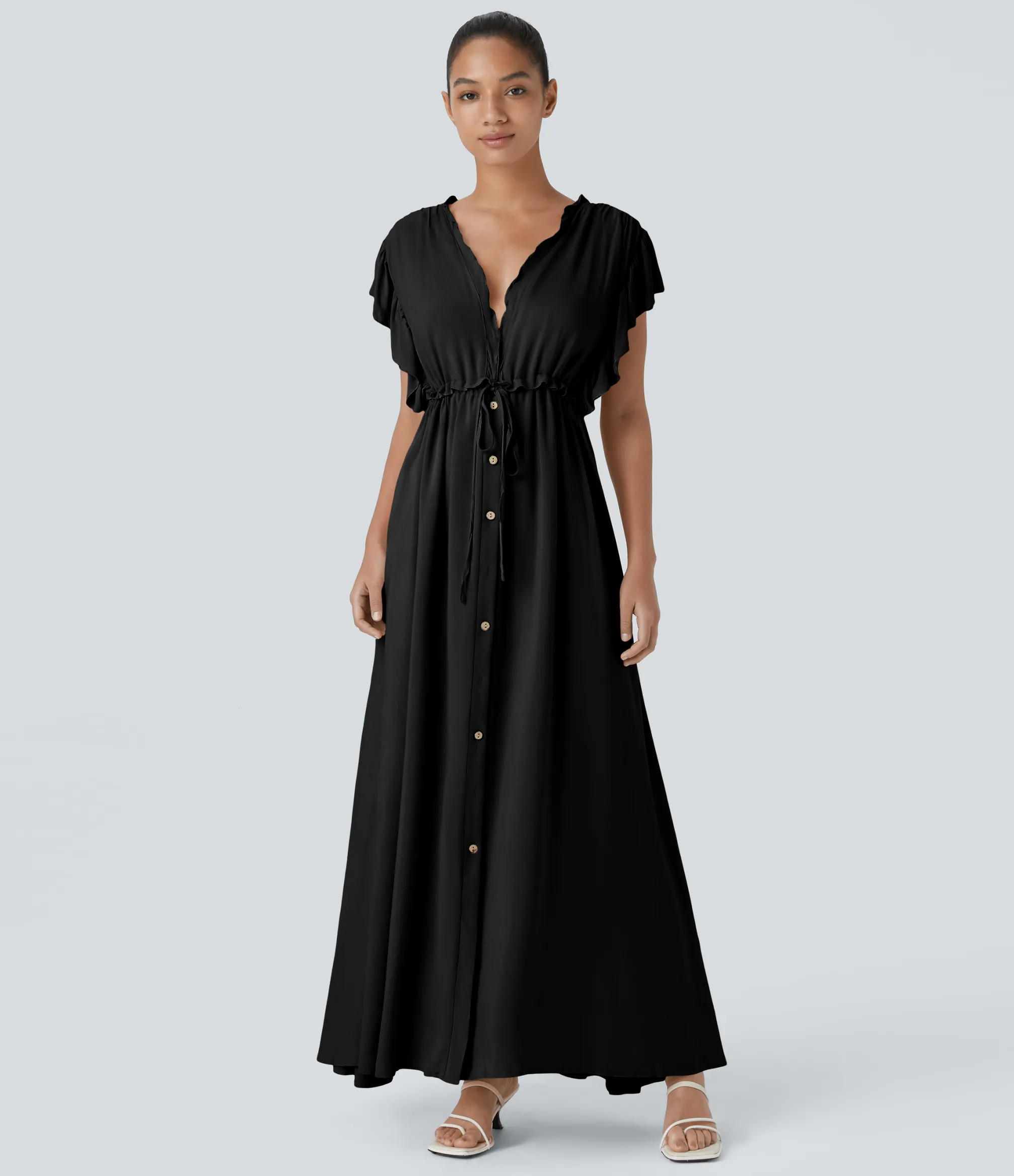 Maxi & Midi Dresses|Dresses<HALARA Deep V Neck Butterfly Sleeve Drawstring Pocket Flowy Maxi Casual Dress