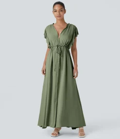 Maxi & Midi Dresses|Dresses<HALARA Deep V Neck Butterfly Sleeve Drawstring Pocket Flowy Maxi Casual Dress