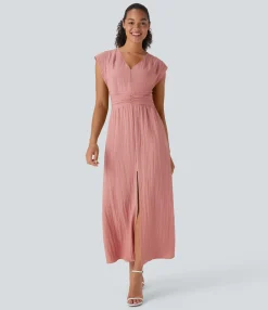 Dresses|Maxi & Midi Dresses<HALARA Deep V Neck Cap Sleeve Ruched Maxi Linen-Feel Dress with Pockets