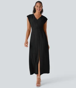 Dresses|Maxi & Midi Dresses<HALARA Deep V Neck Cap Sleeve Ruched Maxi Linen-Feel Dress with Pockets