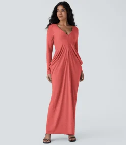 Maxi & Midi Dresses|Dresses<HALARA Deep V Neck Long Sleeve Stacked Ruched Maxi Casual Dress