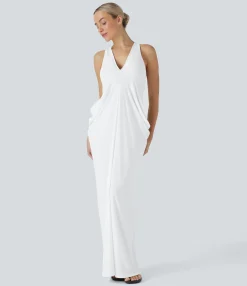 Maxi & Midi Dresses|Dresses<HALARA Deep V Neck Racerback Stacked Ruched Maxi Casual Dress