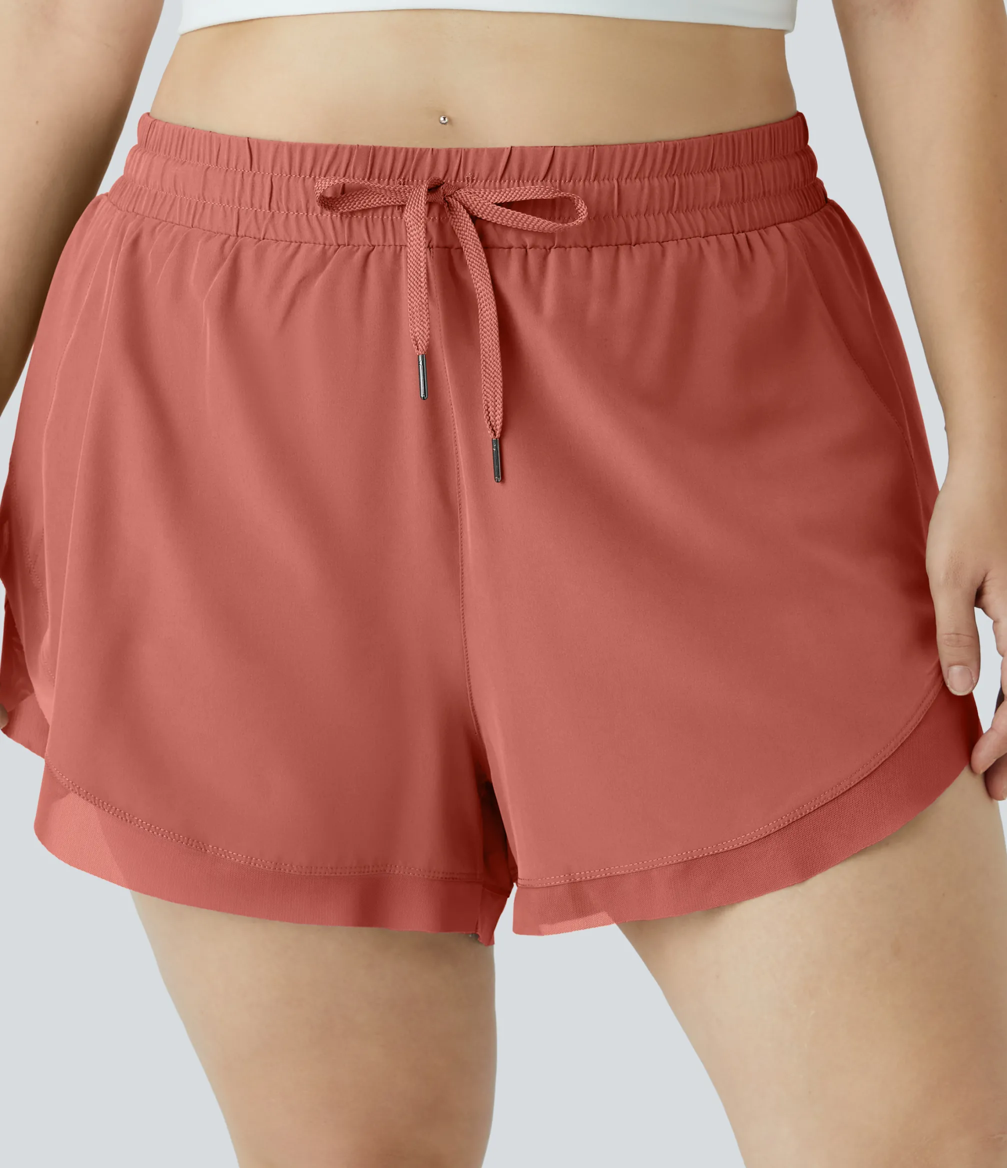 Plus Size<HALARA Drawstring Contrast Mesh 2-in-1 Plus Size Shorts 4"