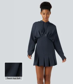 Mini Dresses|Dresses<HALARA Drawstring Dropped Shoulder Long Sleeve Pleated Hem Hip Wrapped Mini Casual Hoodie Dress