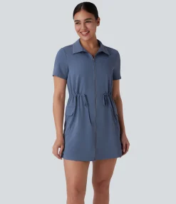 Mini Dresses|Active Dresses<HALARA Drawstring Flap Pocket 2-Way Zipper Mini Hiking Cargo Dress