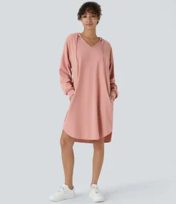 Dresses|Mini Dresses<HALARA Drawstring Hooded Long Sleeve Pocket High Low Curved Hem Oversize Mini Waffle Casual Sweatshirt Dress