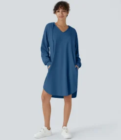 Dresses|Mini Dresses<HALARA Drawstring Hooded Long Sleeve Pocket High Low Curved Hem Oversize Mini Waffle Casual Sweatshirt Dress