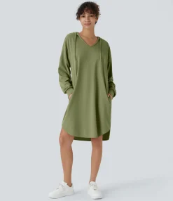 Dresses|Mini Dresses<HALARA Drawstring Hooded Long Sleeve Pocket High Low Curved Hem Oversize Mini Waffle Casual Sweatshirt Dress