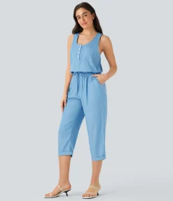 Jumpsuits<HALARA Drawstring Tapered Denim Like Casual Jumpsuit with Pockets