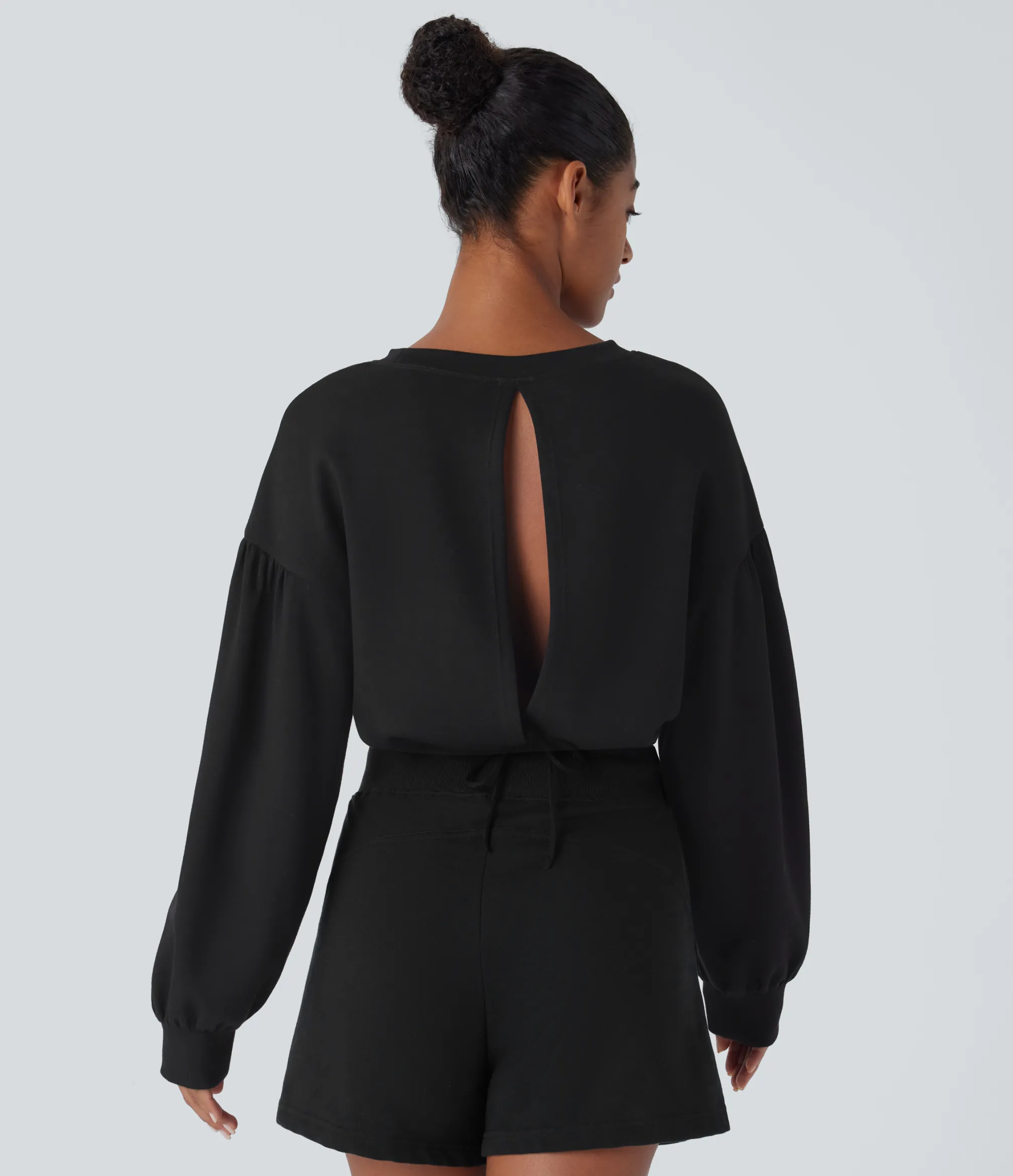 Sweatshirts & Hoodies<HALARA Drawstring Tie Back Bishop Sleeve Cropped Casual Sweatshirt
