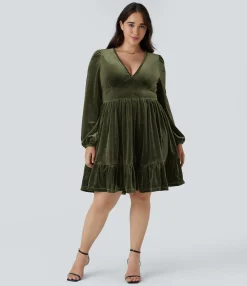 Plus Size<HALARA Everyday Deep V Neck Long Sleeve Ruffled Hem Velvet Plus Size Mini Chill Dress