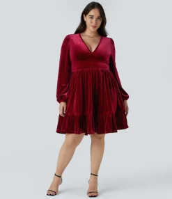 Plus Size<HALARA Everyday Deep V Neck Long Sleeve Ruffled Hem Velvet Plus Size Mini Chill Dress