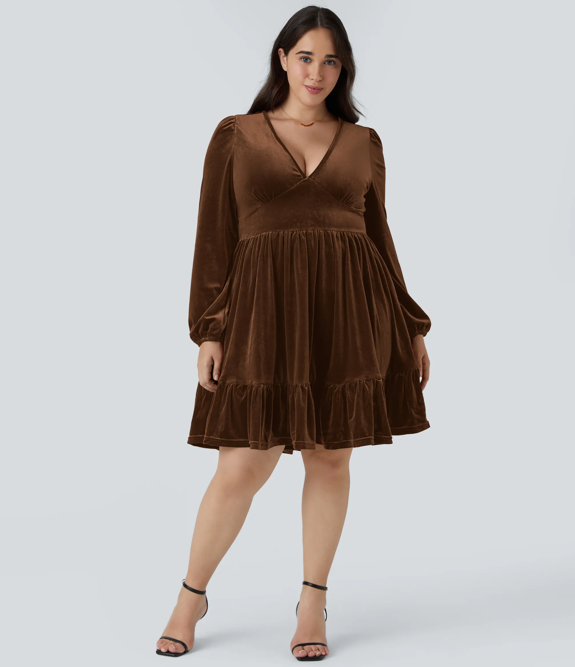 Plus Size<HALARA Everyday Deep V Neck Long Sleeve Ruffled Hem Velvet Plus Size Mini Chill Dress