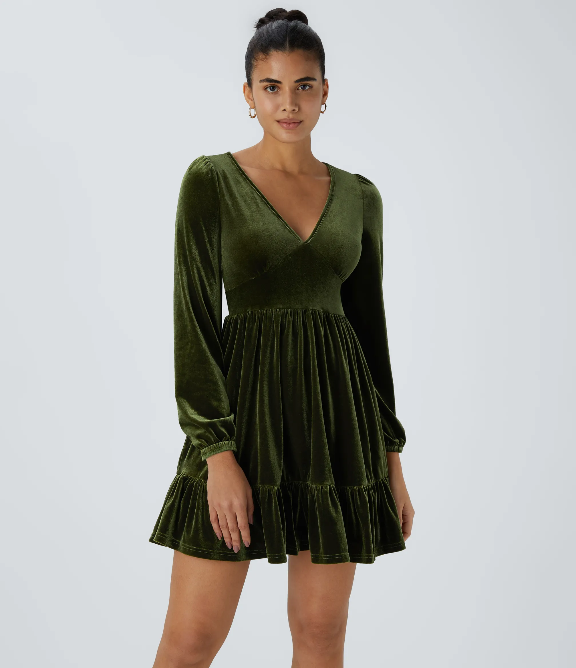 Party Dresses|Mini Dresses<HALARA Everyday Deep V Neck Long Sleeve Ruffled Hem Velvet Mini Chill Dress