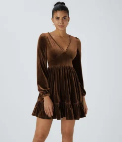 Party Dresses|Mini Dresses<HALARA Everyday Deep V Neck Long Sleeve Ruffled Hem Velvet Mini Chill Dress