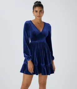 Party Dresses|Mini Dresses<HALARA Everyday Deep V Neck Long Sleeve Ruffled Hem Velvet Mini Chill Dress