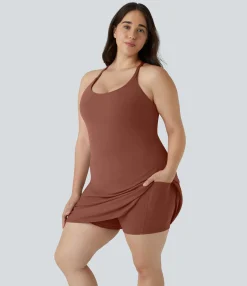 Plus Size<HALARA Everyday SoftlyZero™ Plush Backless 2-in-1 Flare Workout Plus Size Dress-Wannabe-Easy Peezy