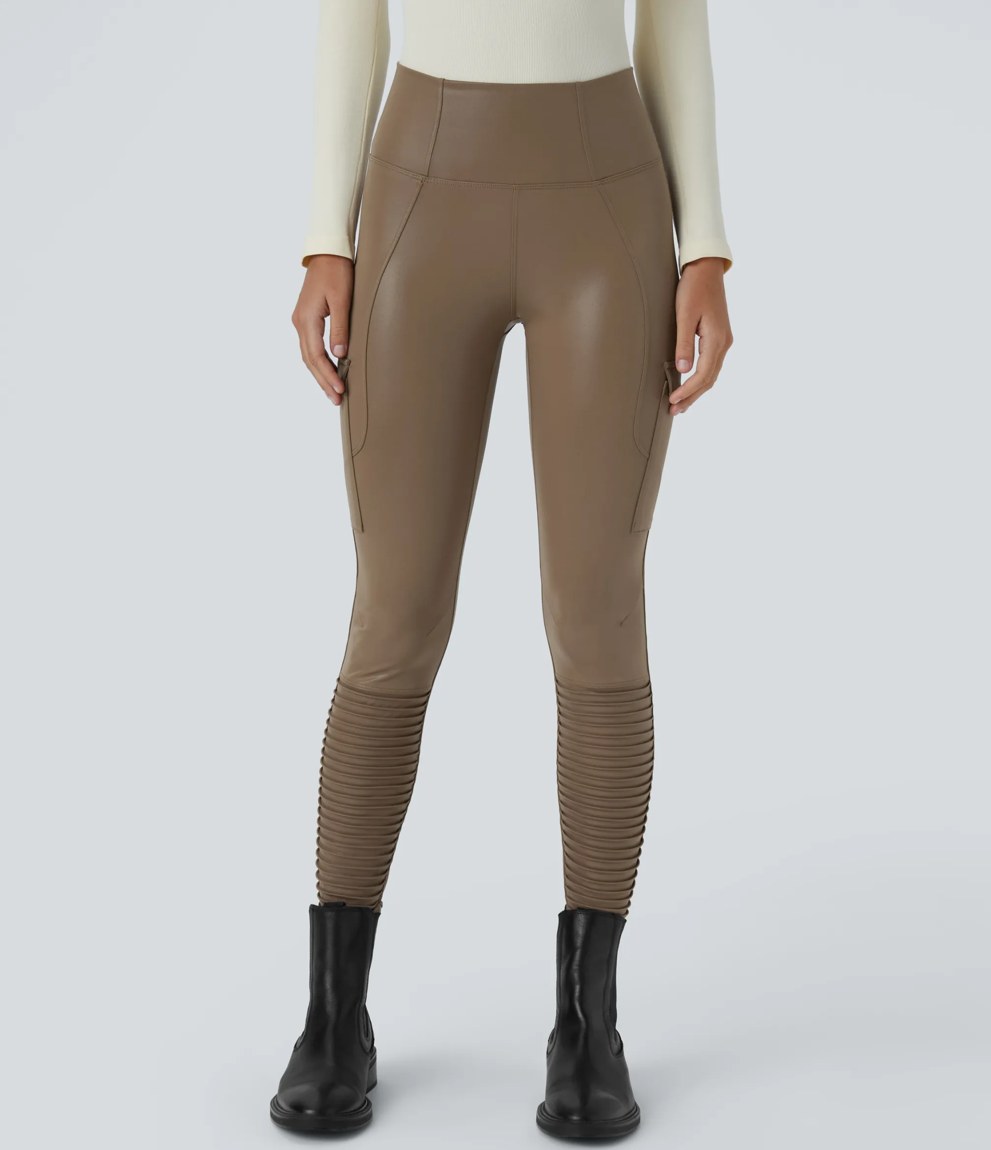Pocket Leggings|Casual Wear Leggings<HALARA Faux Leather High Waisted Flap Pocket Ankle Length Quick Dry Casual Moto Leggings