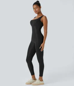Jumpsuits<HALARA Faux Leather Shine Tummy Control Butt Lifting Square Neck Sleeveless Quick Dry Casual Shaping Catsuit