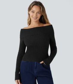 Sweaters<HALARA Folded Off Shoulder Long Sleeve Casual Sweater