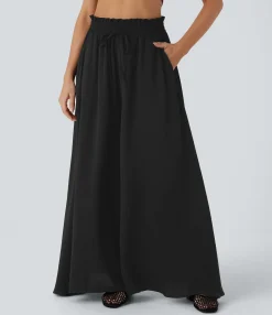 Pants|High-Waisted Pants<HALARA Frill Mid High Waisted Drawstring Pocket 2-in-1 Wide Leg Flowy Casual Linen-Feel Pants