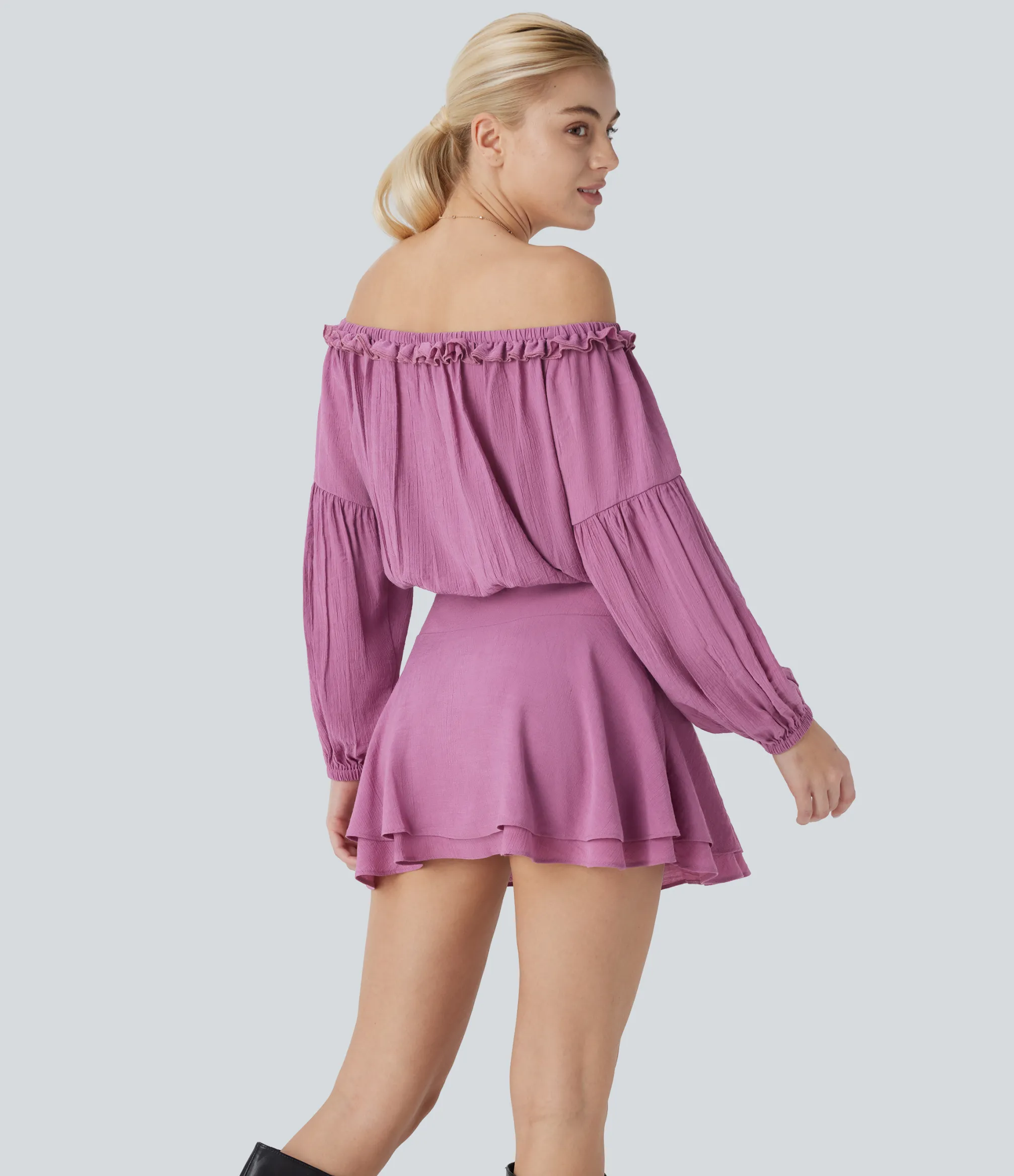 Mini Dresses|Dresses<HALARA Frill Off Shoulder Long Sleeve Lace Up Tiered Mini Dress