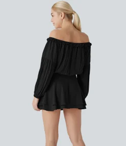 Mini Dresses|Dresses<HALARA Frill Off Shoulder Long Sleeve Lace Up Tiered Mini Dress