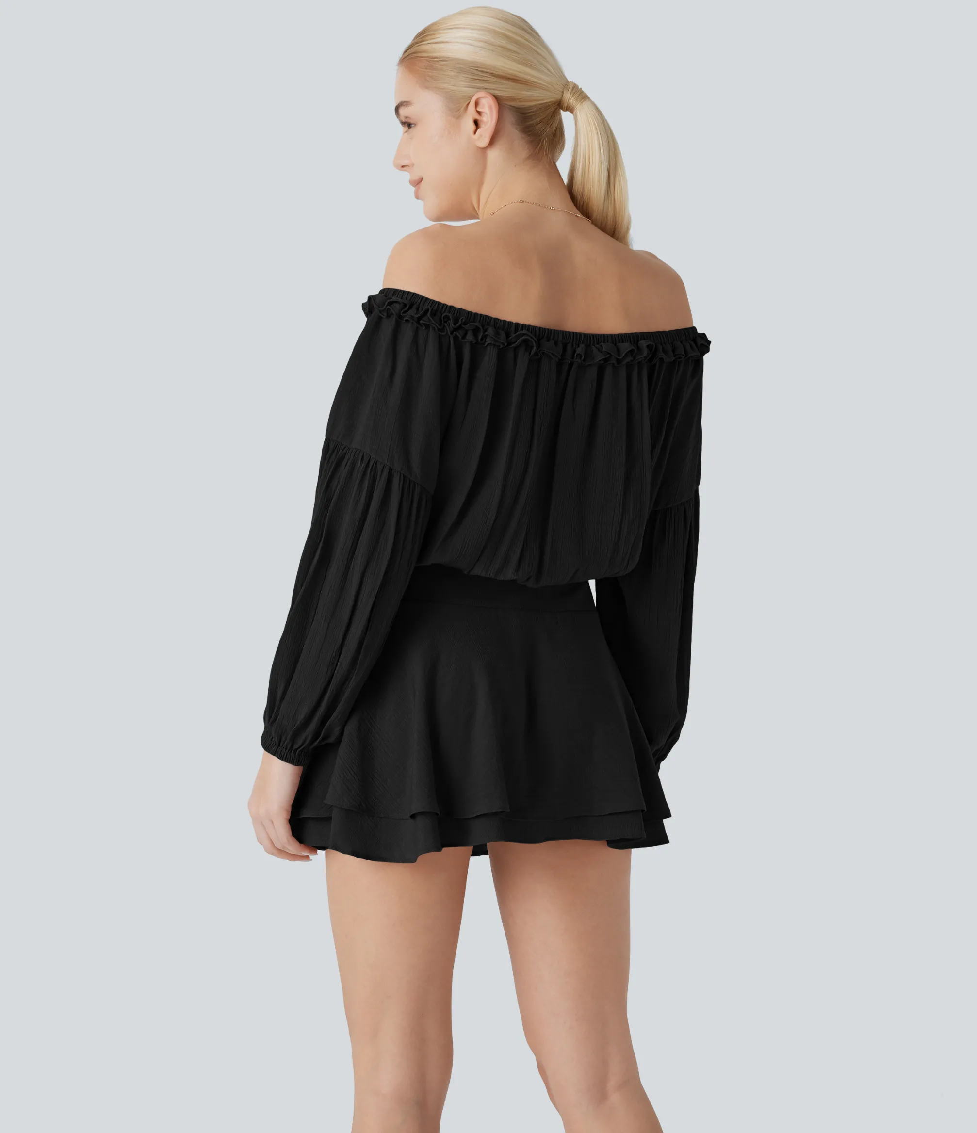 Mini Dresses|Dresses<HALARA Frill Off Shoulder Long Sleeve Lace Up Tiered Mini Dress