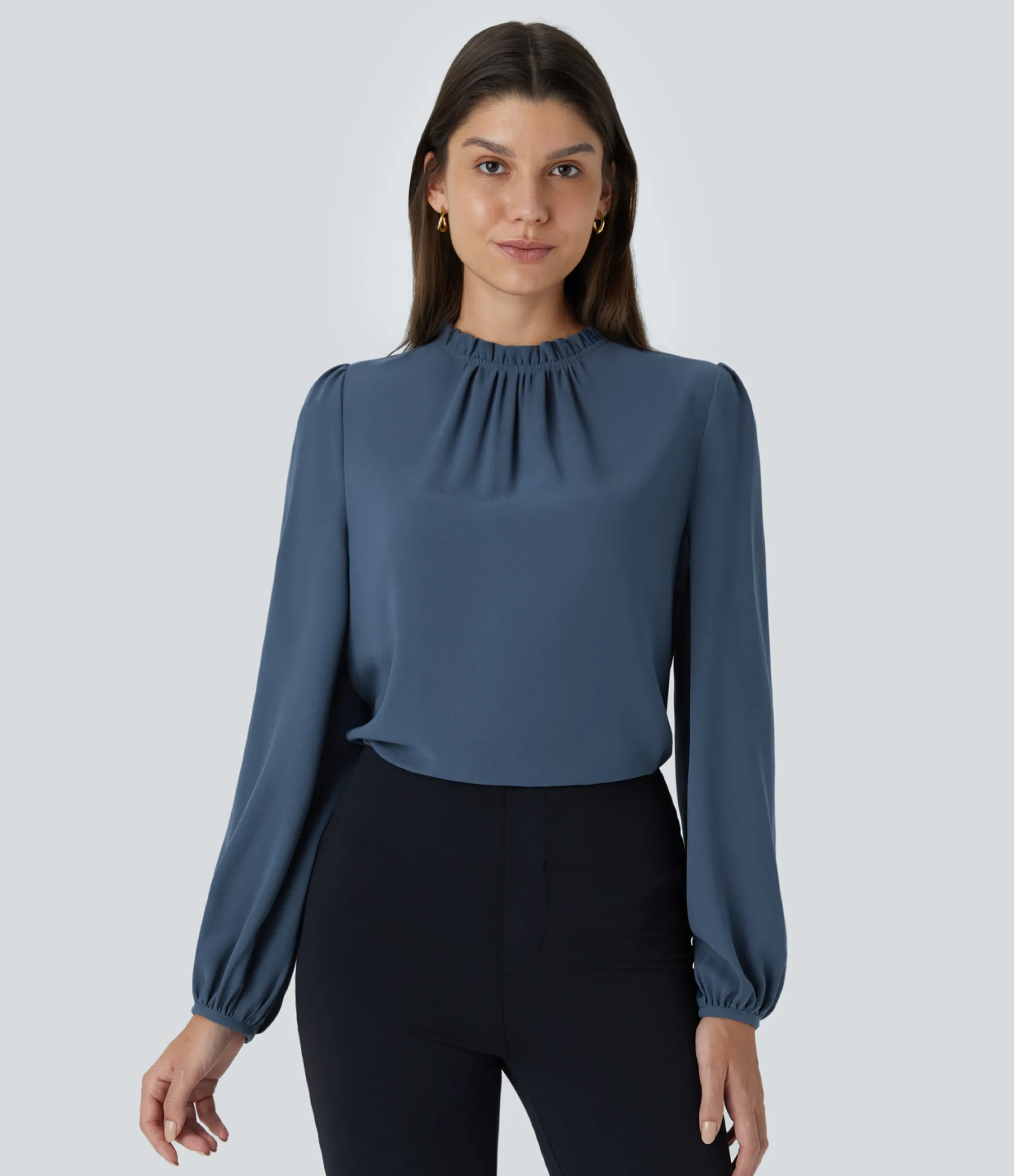 Shirts Blouses|Work Tops<HALARA Frill Round Neck Keyhole Back Long Sleeve Work Blouse