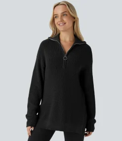 Sweaters<HALARA Funnel Neck Half Zip Long Sleeve Casual Sweater