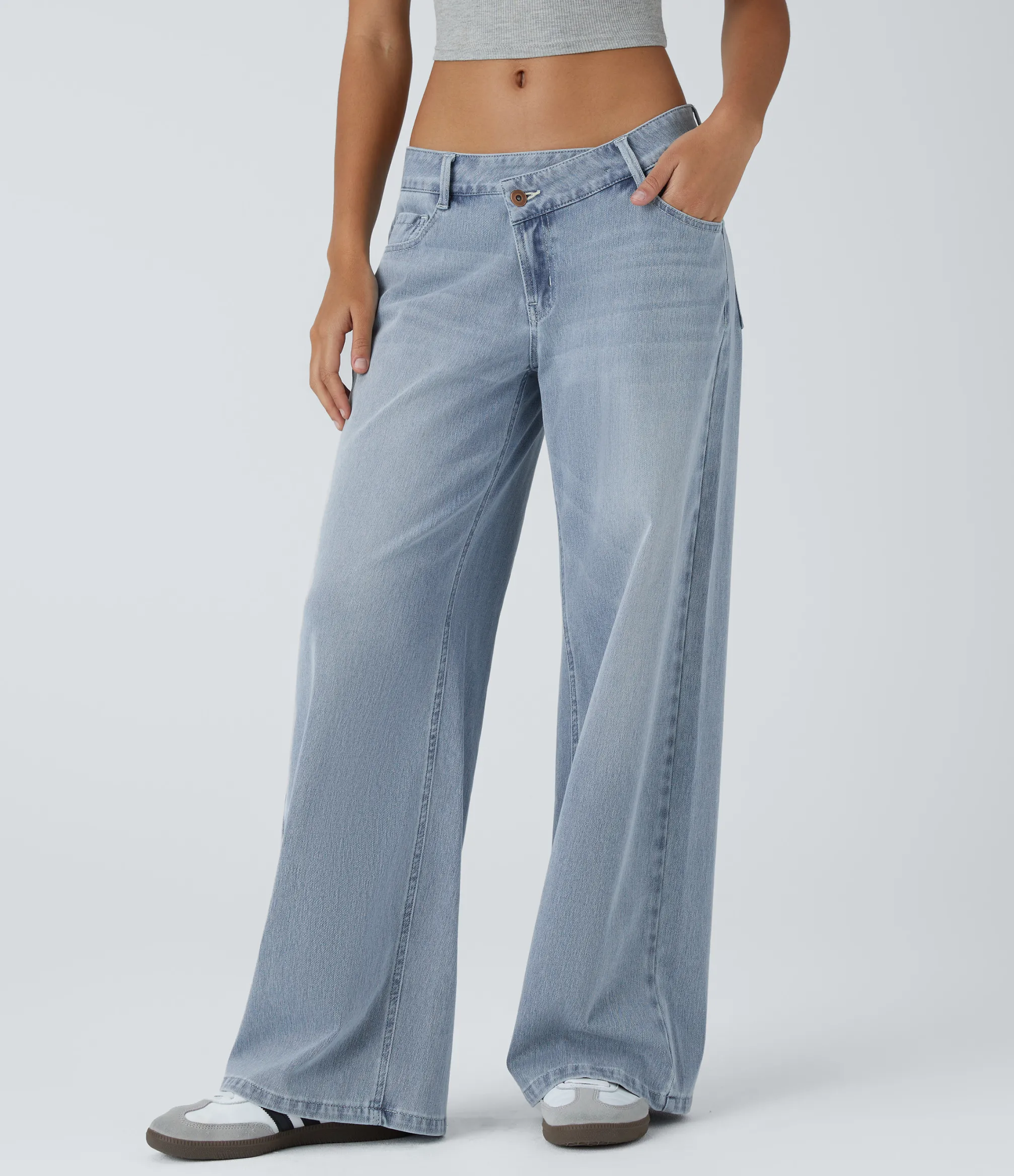 Wide Leg Jeans|Jeans<HALARA Flex™ Asymmetric Low Rise Zipper Pockets Baggy Wide Leg Washed Casual Jeans