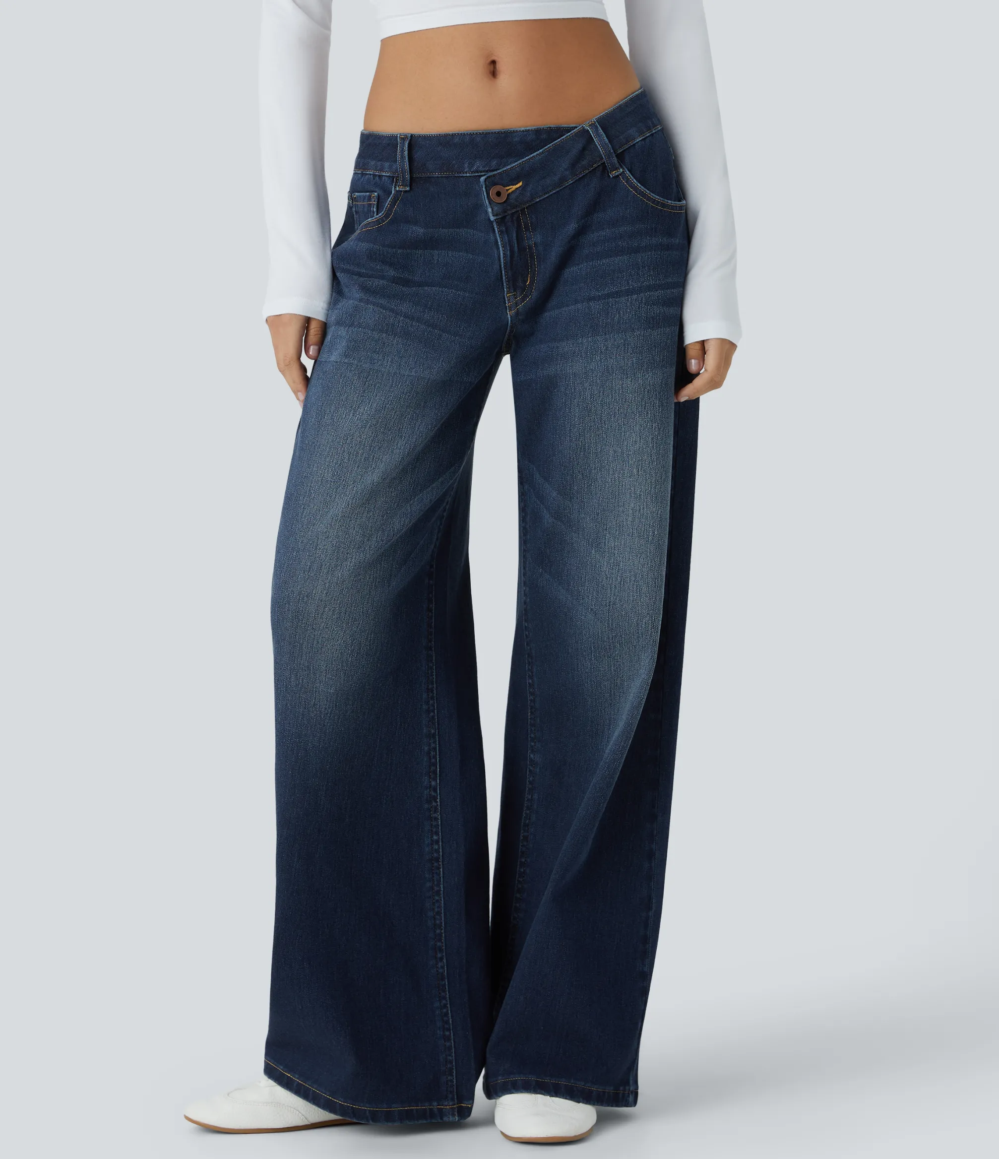 Wide Leg Jeans|Jeans<HALARA Flex™ Asymmetric Low Rise Zipper Pockets Baggy Wide Leg Washed Casual Jeans