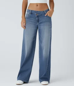 Wide Leg Jeans|Jeans<HALARA Flex™ Asymmetric Low Rise Zipper Pockets Baggy Wide Leg Washed Casual Jeans