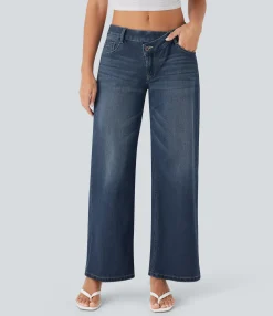 Wide Leg Jeans|Jeans<HALARA Flex™ Asymmetric Low Rise Zipper Pockets Baggy Wide Leg Washed Casual Jeans