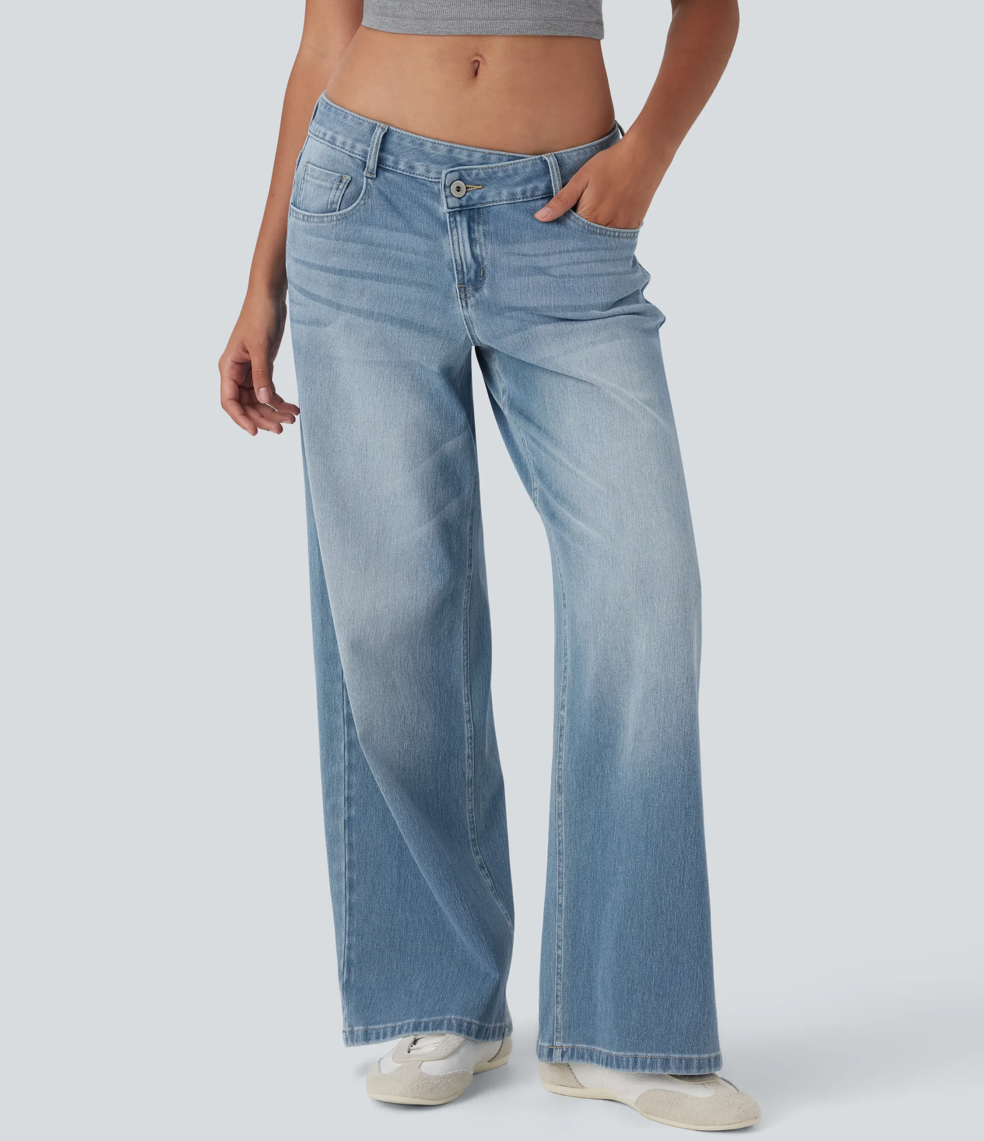 Wide Leg Jeans|Jeans<HALARA Flex™ Asymmetric Low Rise Zipper Pockets Baggy Wide Leg Washed Casual Jeans