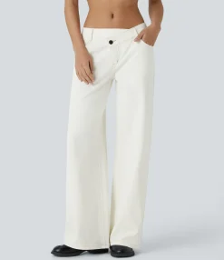 Wide Leg Jeans|Jeans<HALARA Flex™ Asymmetric Low Rise Zipper Pockets Baggy Wide Leg Washed Casual Jeans