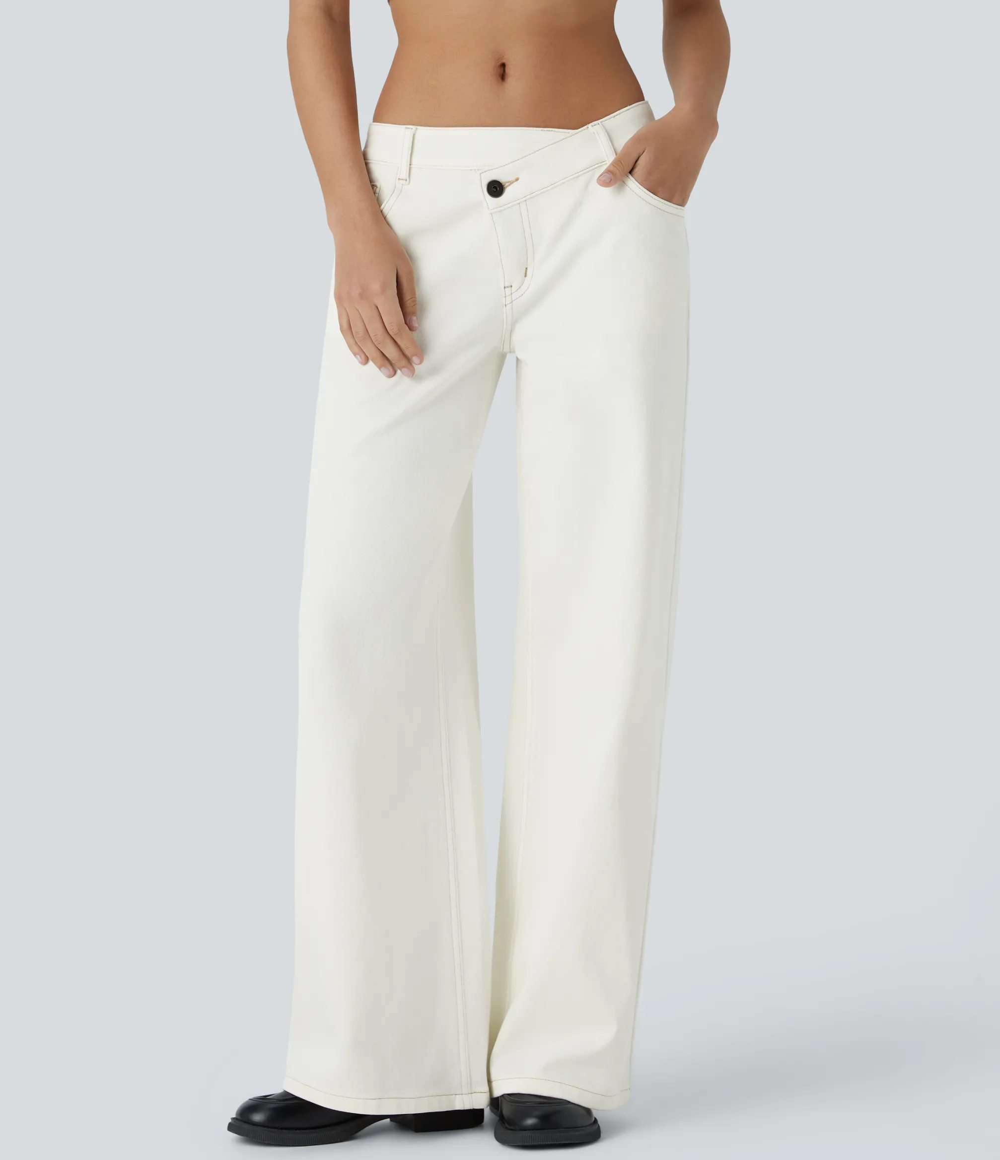 Wide Leg Jeans|Jeans<HALARA Flex™ Asymmetric Low Rise Zipper Pockets Baggy Wide Leg Washed Casual Jeans