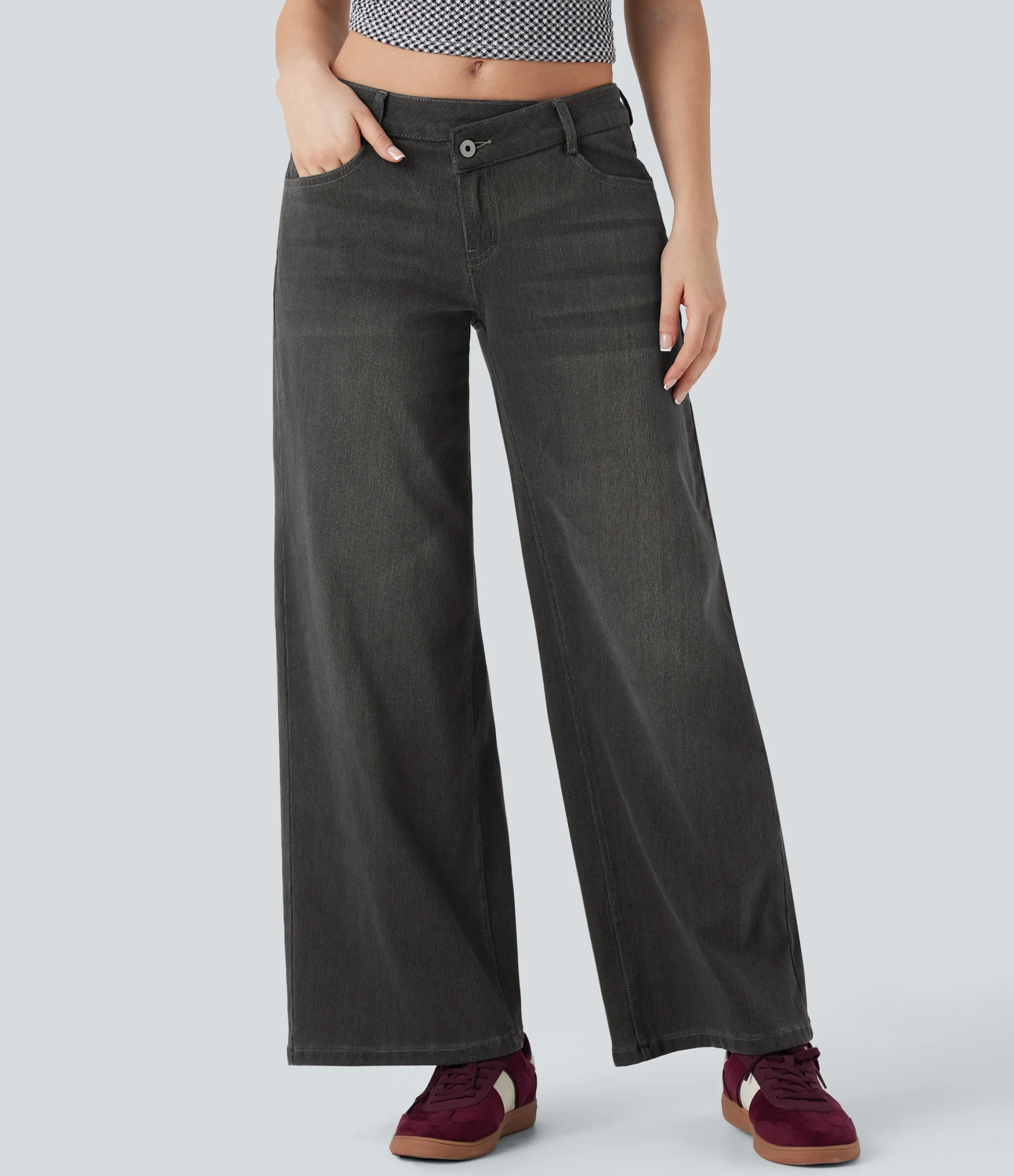Wide Leg Jeans|Jeans<HALARA Flex™ Asymmetric Low Rise Zipper Pockets Baggy Wide Leg Washed Casual Jeans