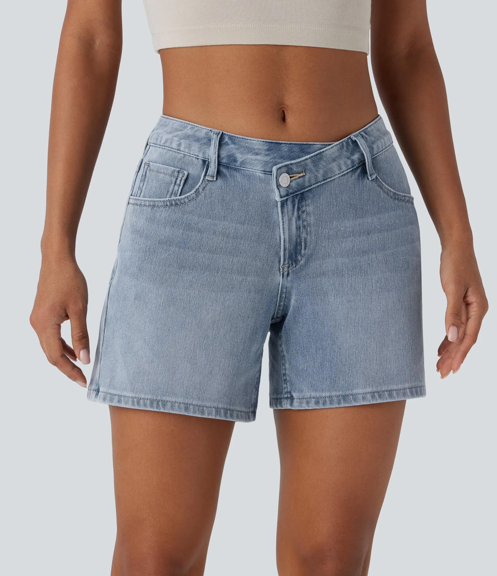 Denim Shorts|Denim Shorts<HALARA Flex™ Asymmetric Low Rise Pockets Washed Denim Casual Shorts