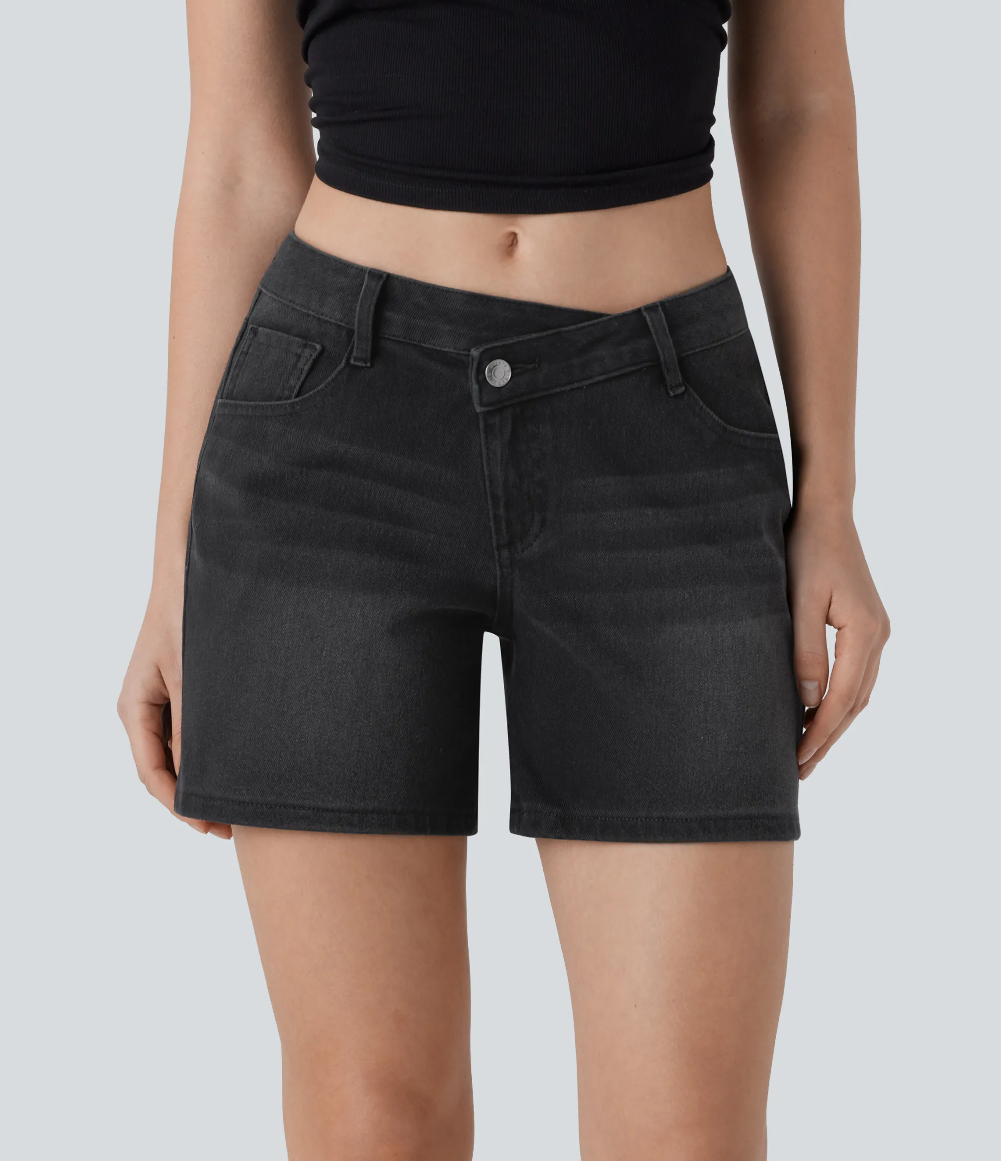 Denim Shorts|Denim Shorts<HALARA Flex™ Asymmetric Low Rise Pockets Washed Denim Casual Shorts