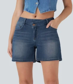 Denim Shorts|Denim Shorts<HALARA Flex™ Asymmetric Low Rise Pockets Washed Denim Casual Shorts