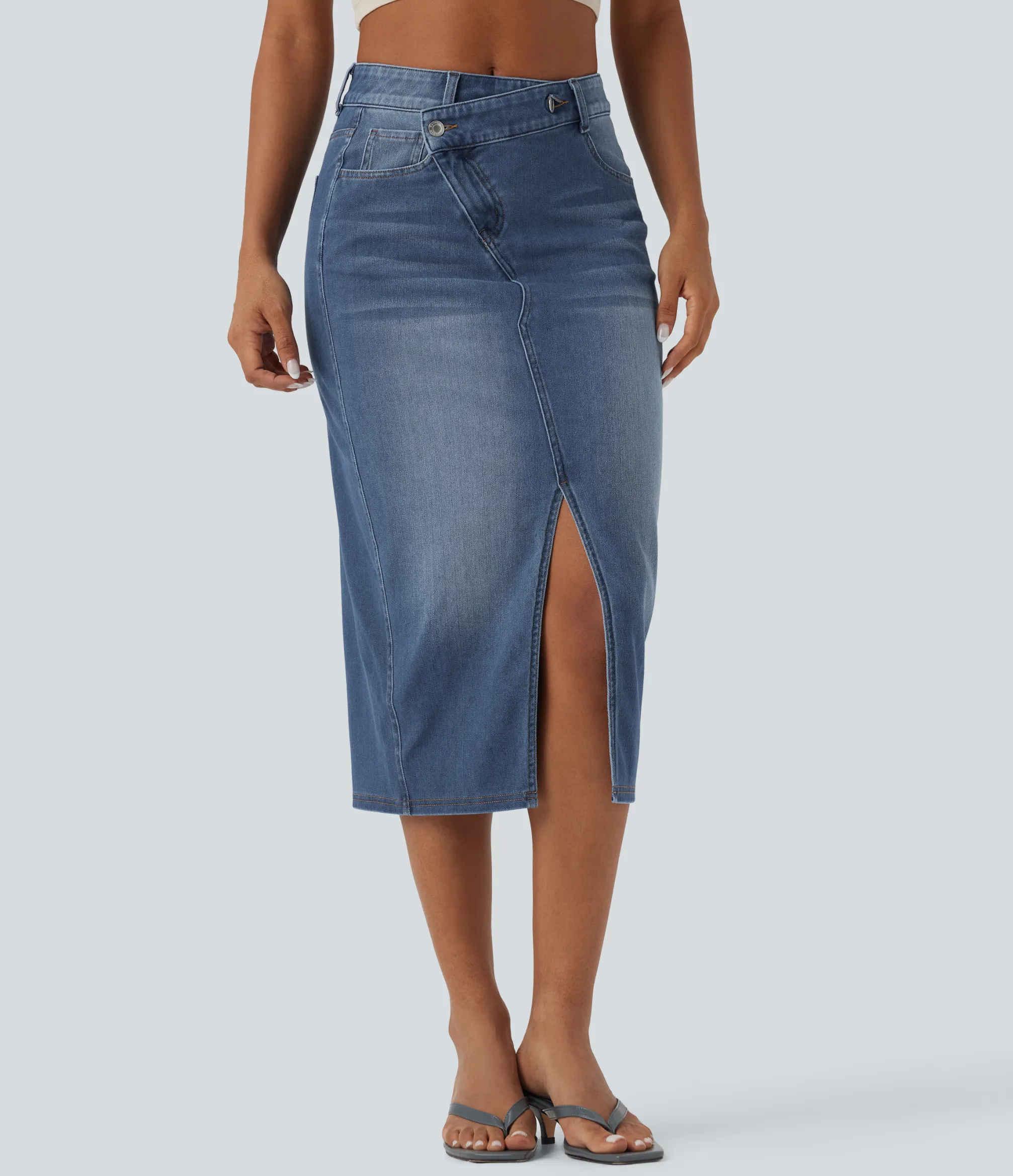 Denim Skirts|Denim Skirts<HALARA Flex™ Asymmetric Mid Rise Split Bodycon Denim Casual Skirt with Pockets