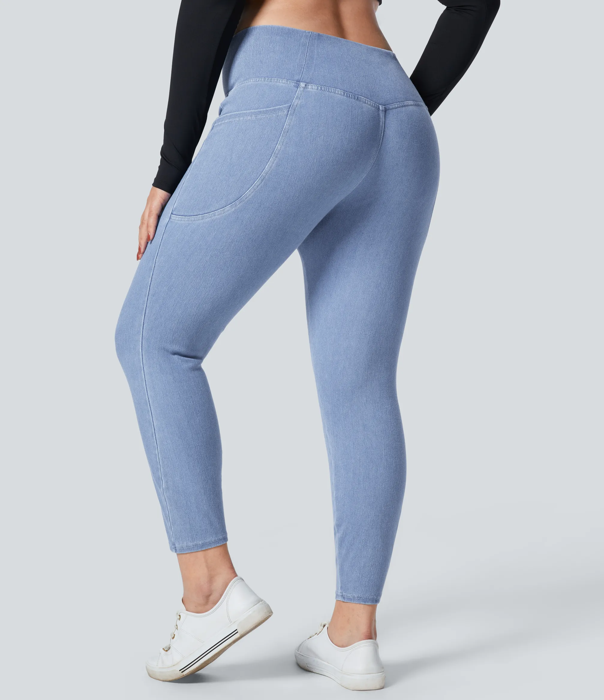 Pocket Leggings|Crossover Leggings<HALARA Flex™ Crossover Pocket Washed Denim Work Plus Size Leggings
