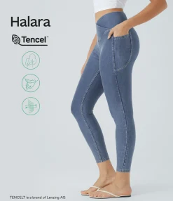 Pocket Leggings|Crossover Leggings<HALARA Flex™ Crossover Pocket Washed Denim Casual 7/8 Leggings