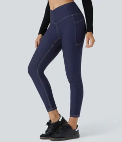 Pocket Leggings|Crossover Leggings<HALARA Flex™ Crossover Pocket Washed Denim Casual 7/8 Leggings